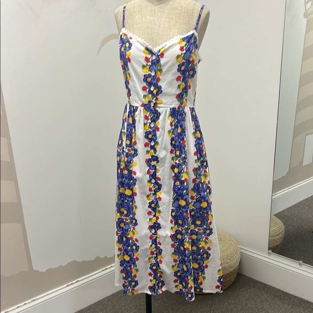 Floral Spaghetti Strap Dress - White with Blue and Yellow Accents